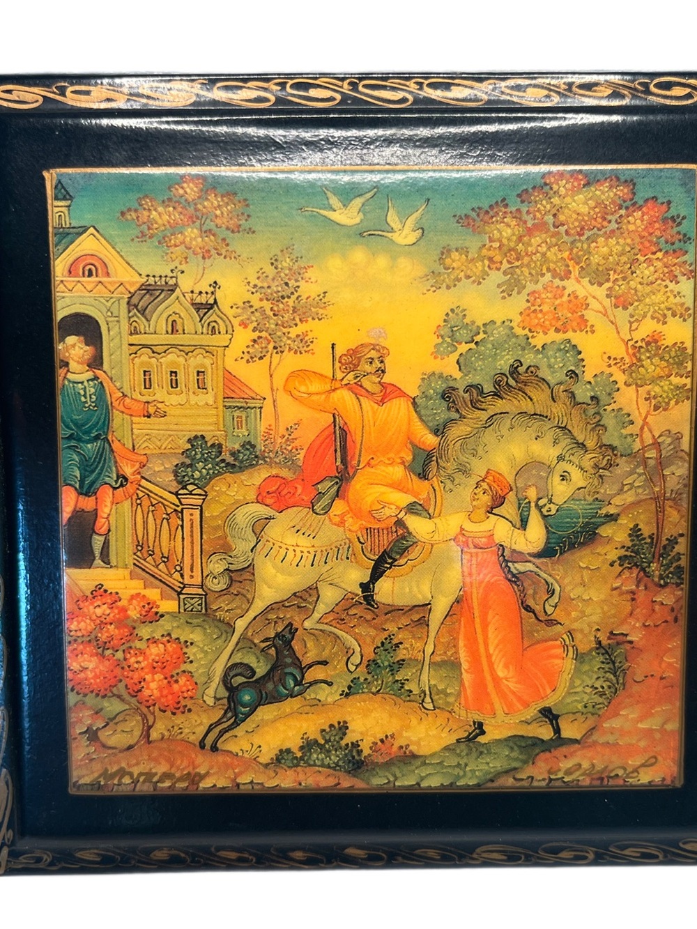 VINTAGE RUSSIAN HAND PAINTED HINGED TROIKA LACQUER BOX SIGNED Village Of Mstera
